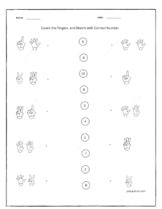 Finger counting worksheet for preschool children to match numbers and quantities