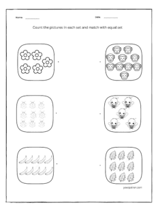 Matching equal sets worksheet for preschool children to count and match quantities