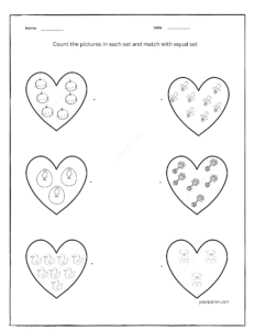 Matching equal sets worksheet for preschool children to count pictures and match quantities