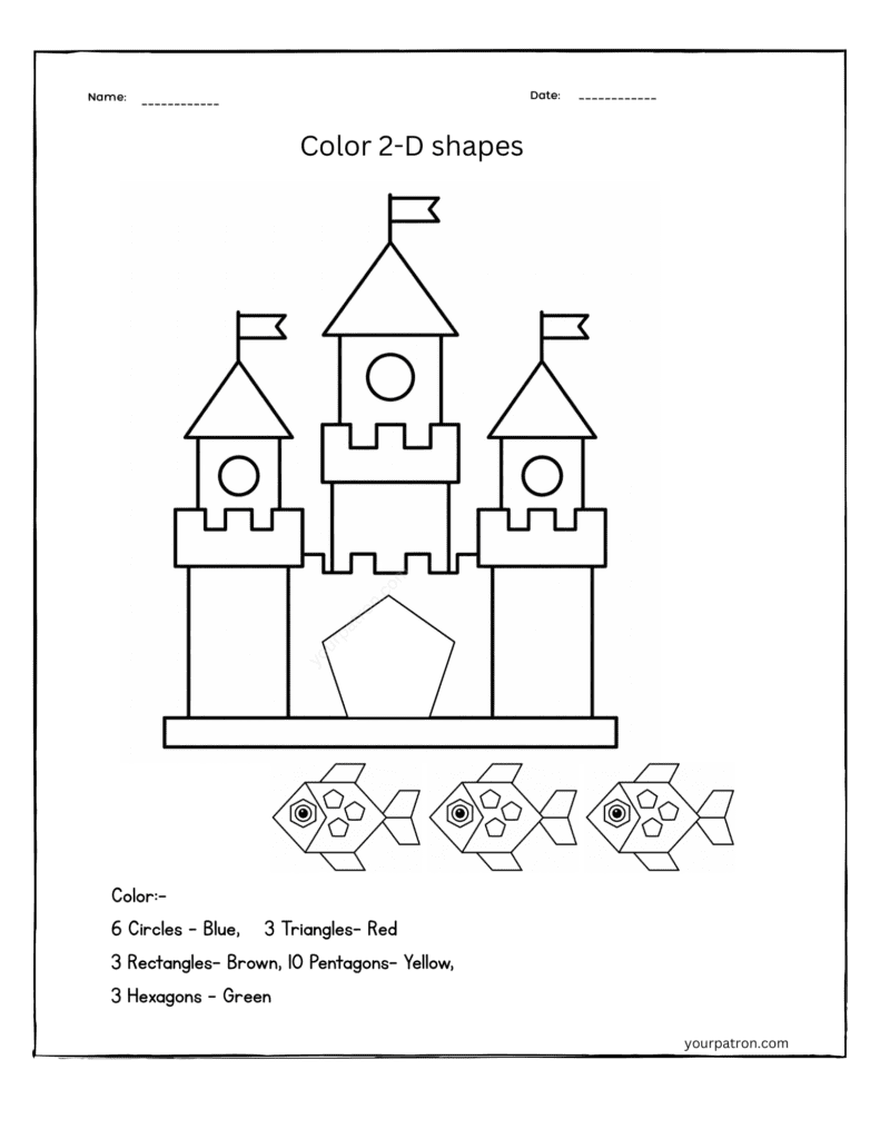 Grade 1 2D shapes counting worksheet (castle made of shapes)
