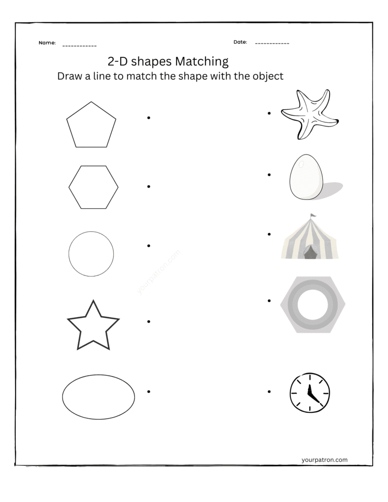 2D shapes matching worksheet for Grade 1 where students match shapes to real-life objects.