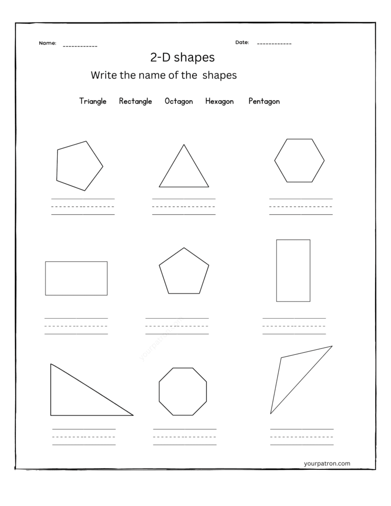 2D shapes worksheet for Grade 1 featuring Pentagon, rectangle, Triangle, hexagon, and octagon. Students write the names of each shape in a printable black and white worksheet.