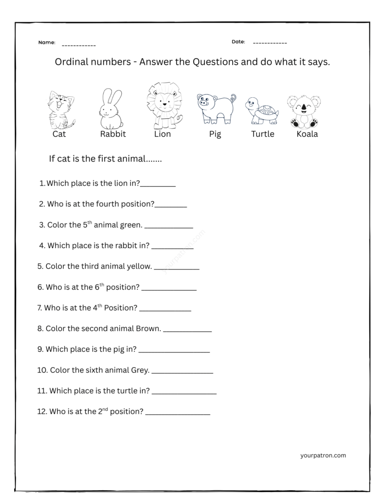 Ordinal numbers-word problem grade 1