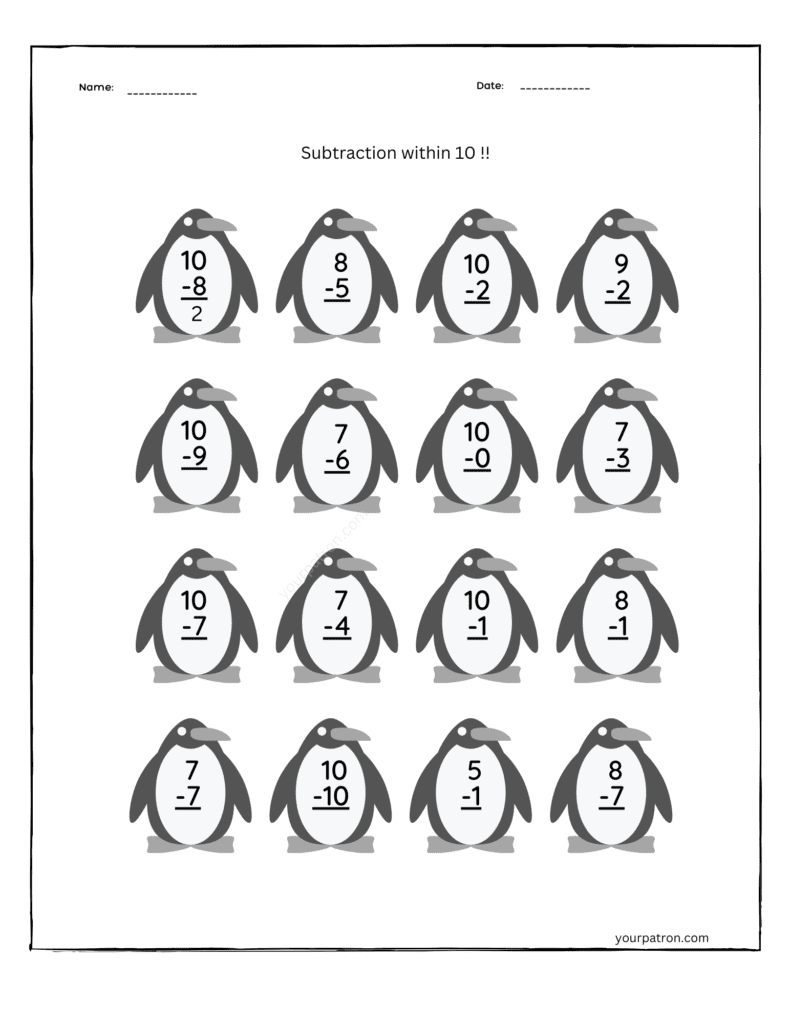 Penguin_Subtraction_Worksheet_Grade_1