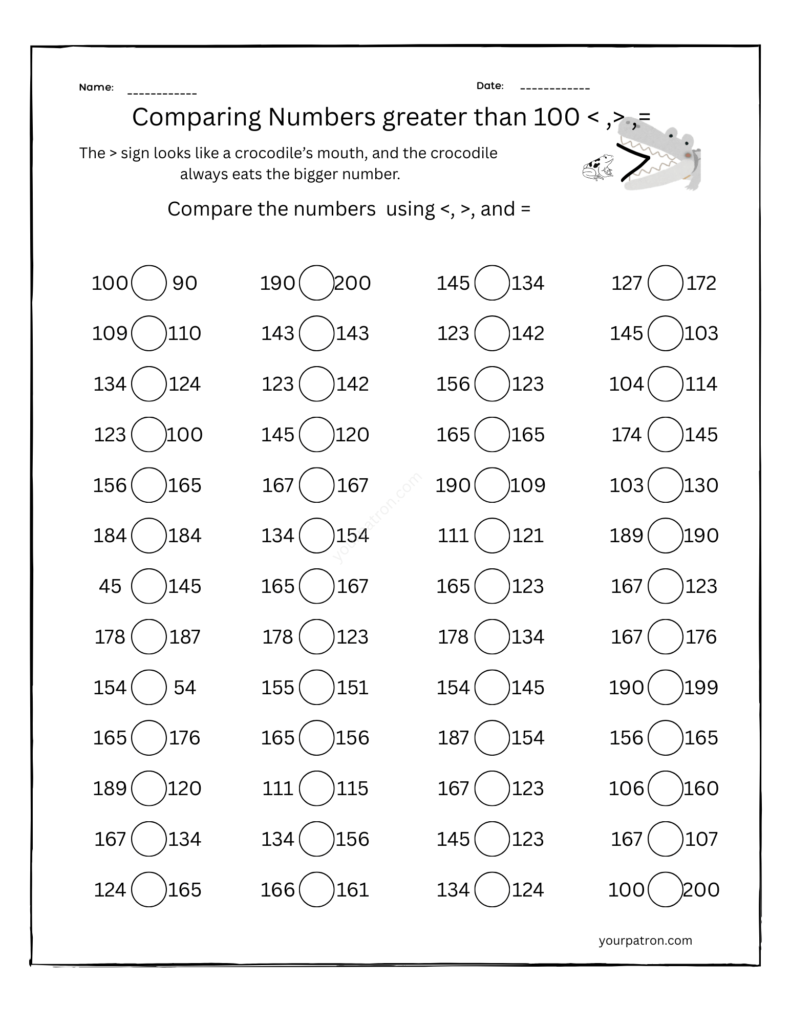 comparing numbers greater than 100 grade 1