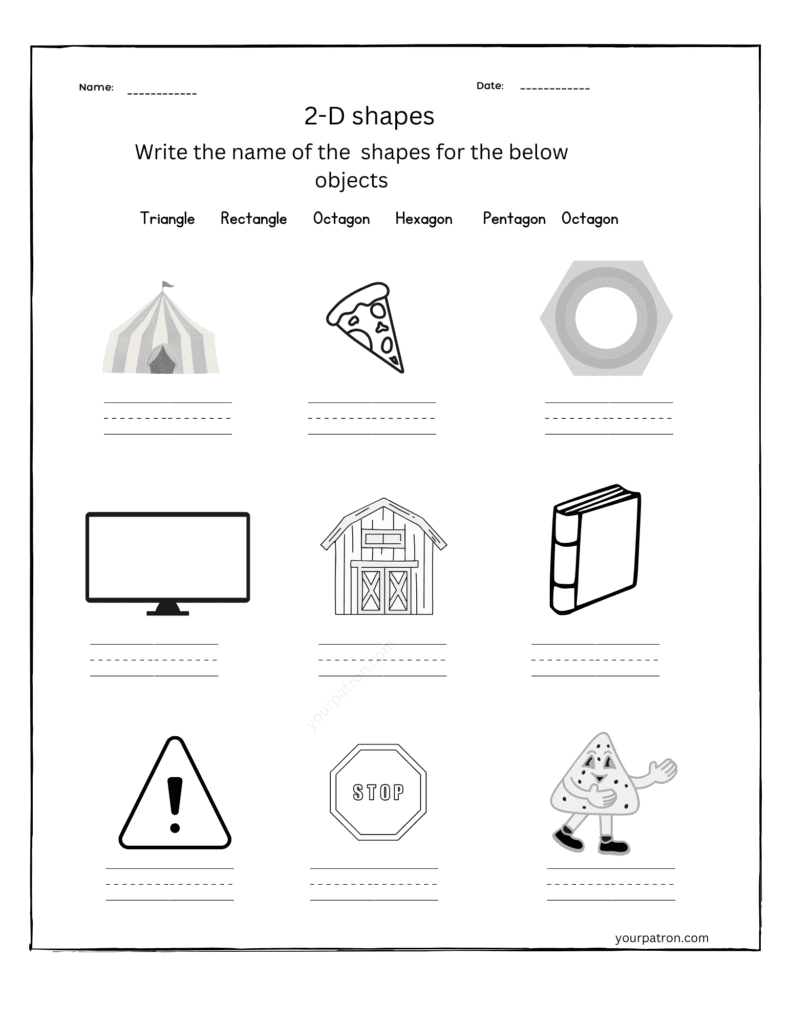 Printable black and white 2D shapes worksheet where students write the names of shapes shown in real-life objects such as a tent, pizza slice, nut, TV, barn, book, warning sign, stop sign, and triangle character.