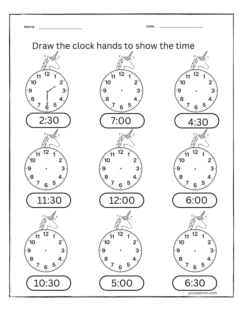 draw-clock-hands-grade-1-unicorn
