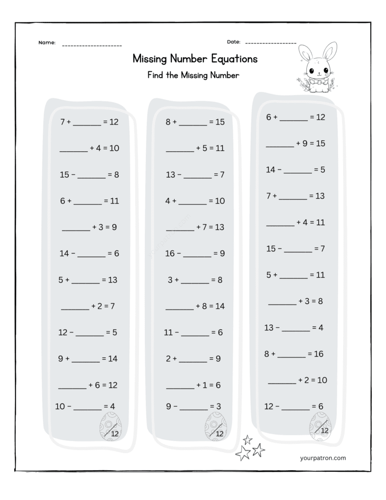 Easter Missing Number Equations Grade 2 _ Addition & Subtraction Worksheets